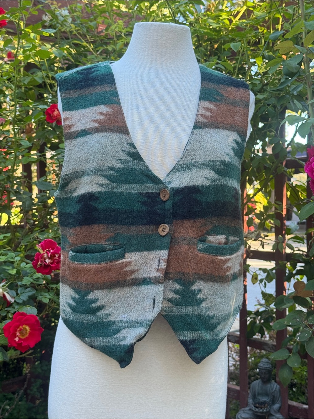 Vintage Southwestern Pattern Wool Blend Button Vest in Teal & Brown